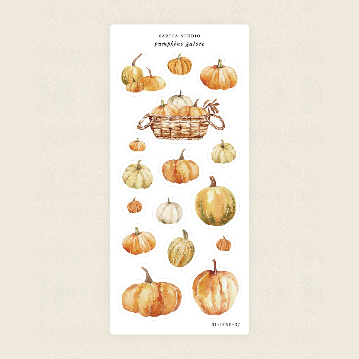 Sarica Studio Pumpkins Galore sticker sheet, clear matte stickers of orange, cream and white pumpkins