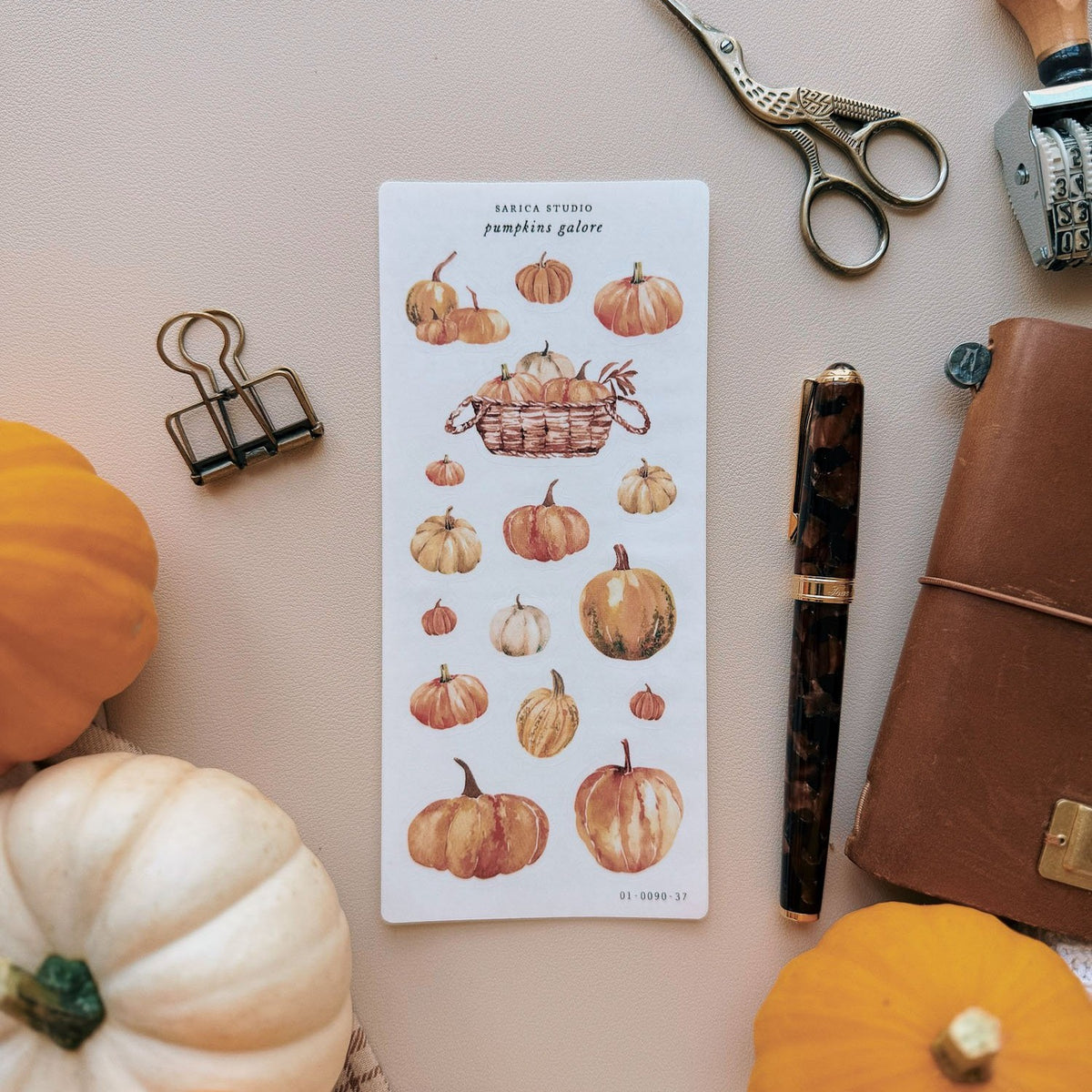 Sarica Studio Pumpkins Galore stickers, sheet with pumpkins and a fountain pen