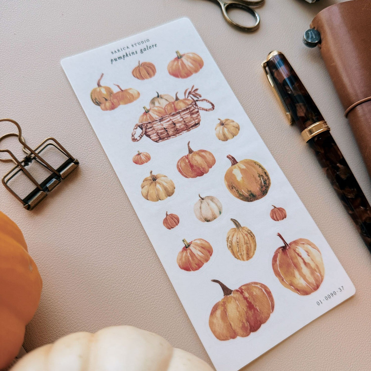 Sarica Studio Pumpkins Galore stickers, sheet with a tortoiseshell fountain pen and pumpkins