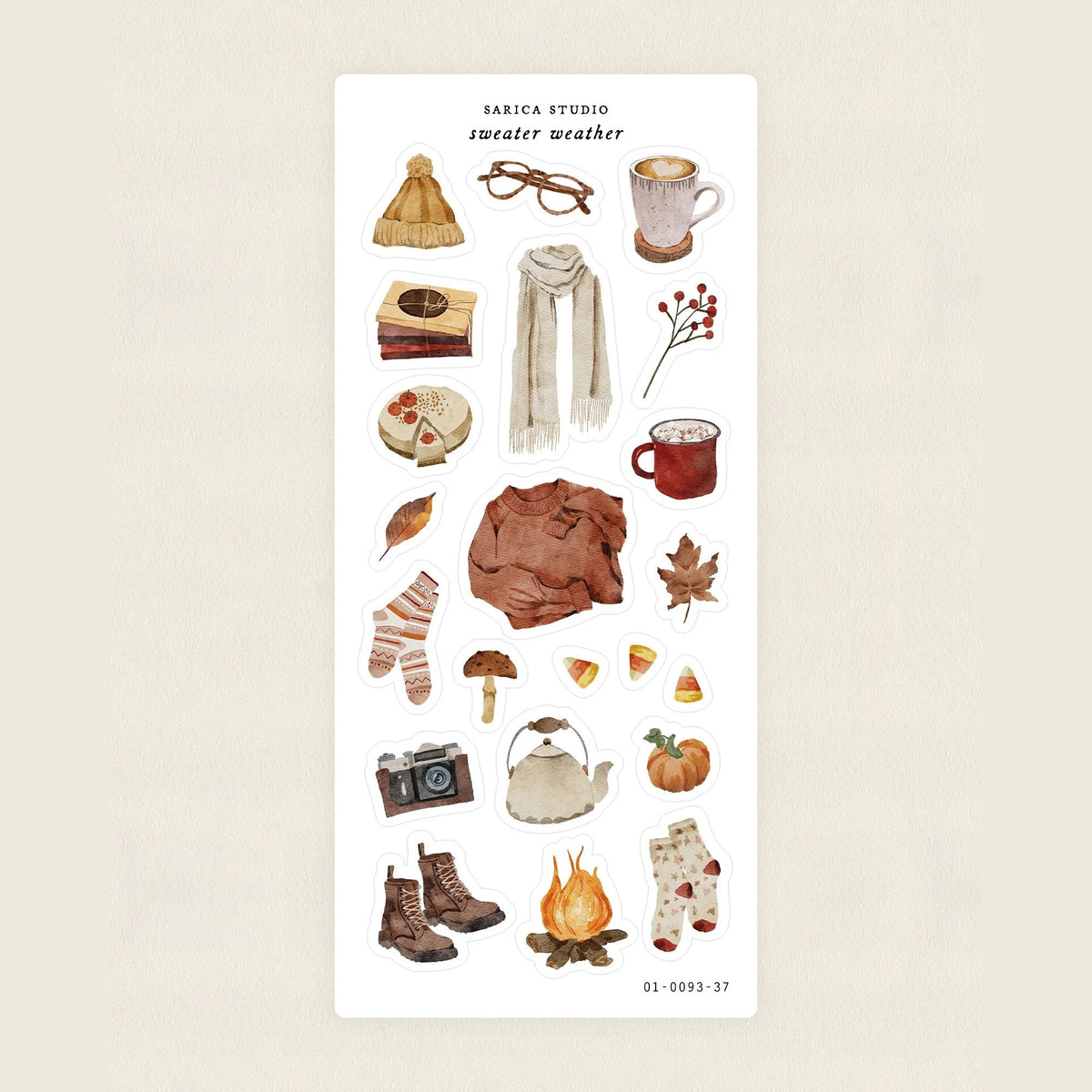 Sarica Studio Sweater Weather sticker sheet, clear matte stickers of sweaters, boots, warm drinks and fall leaves