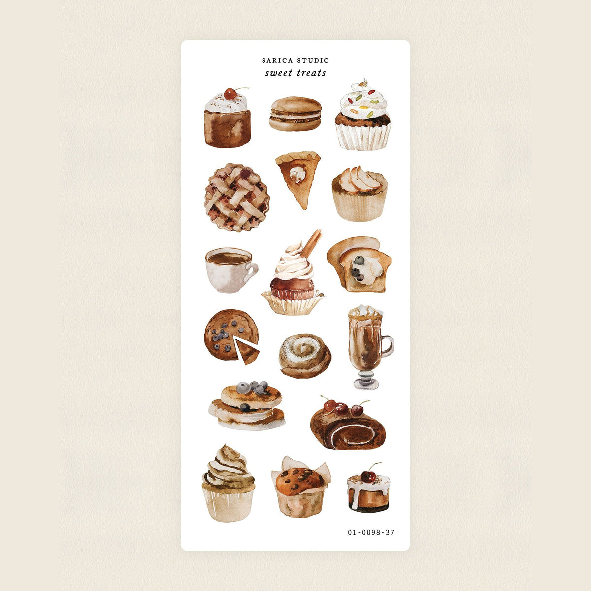 Sarica Studio Sweet Treats sticker sheet, clear matte stickers of cakes, pies, pastries and desserts