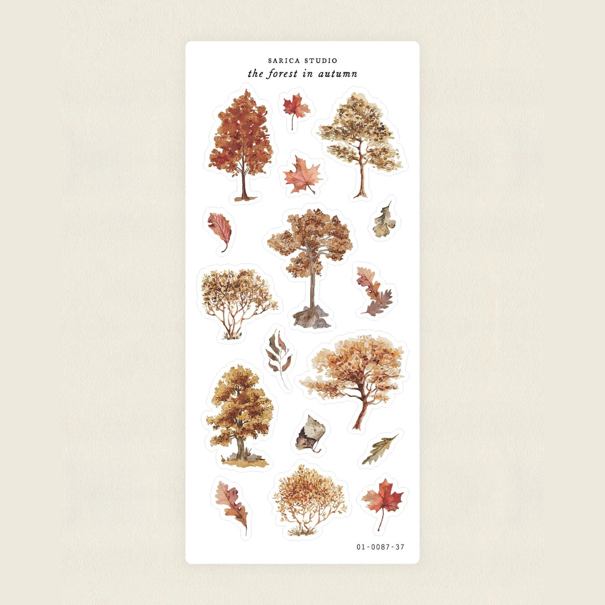 Sarica Studio The Forest in Autumn sticker sheet, clear matte stickers of autumn trees in orange, rust and gold