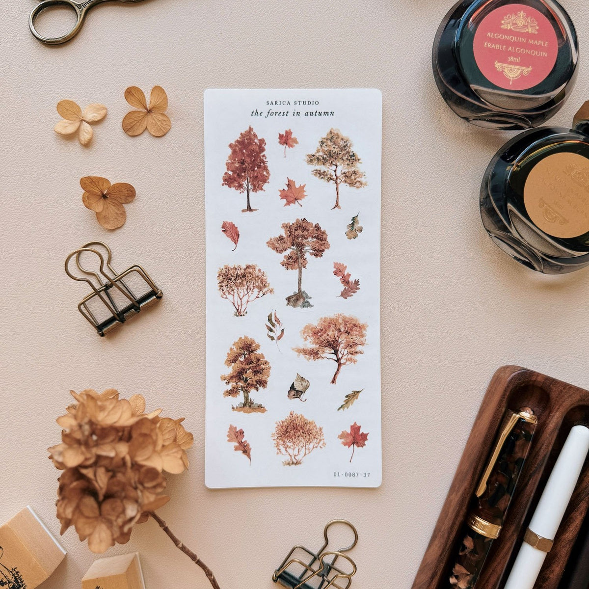Sarica Studio The Forest in Autumn stickers, sheet on a desk with ink bottles and dried hydrangeas