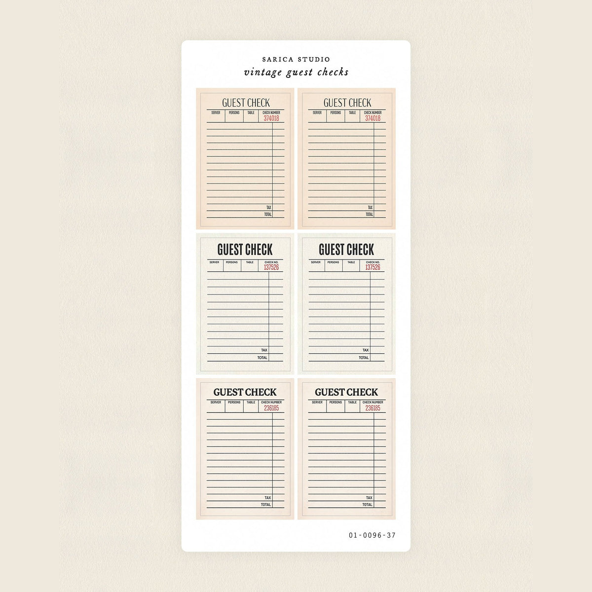 Sarica Studio Vintage Guest Checks sticker sheet of mini vintage guest checks printed on writable matte paper