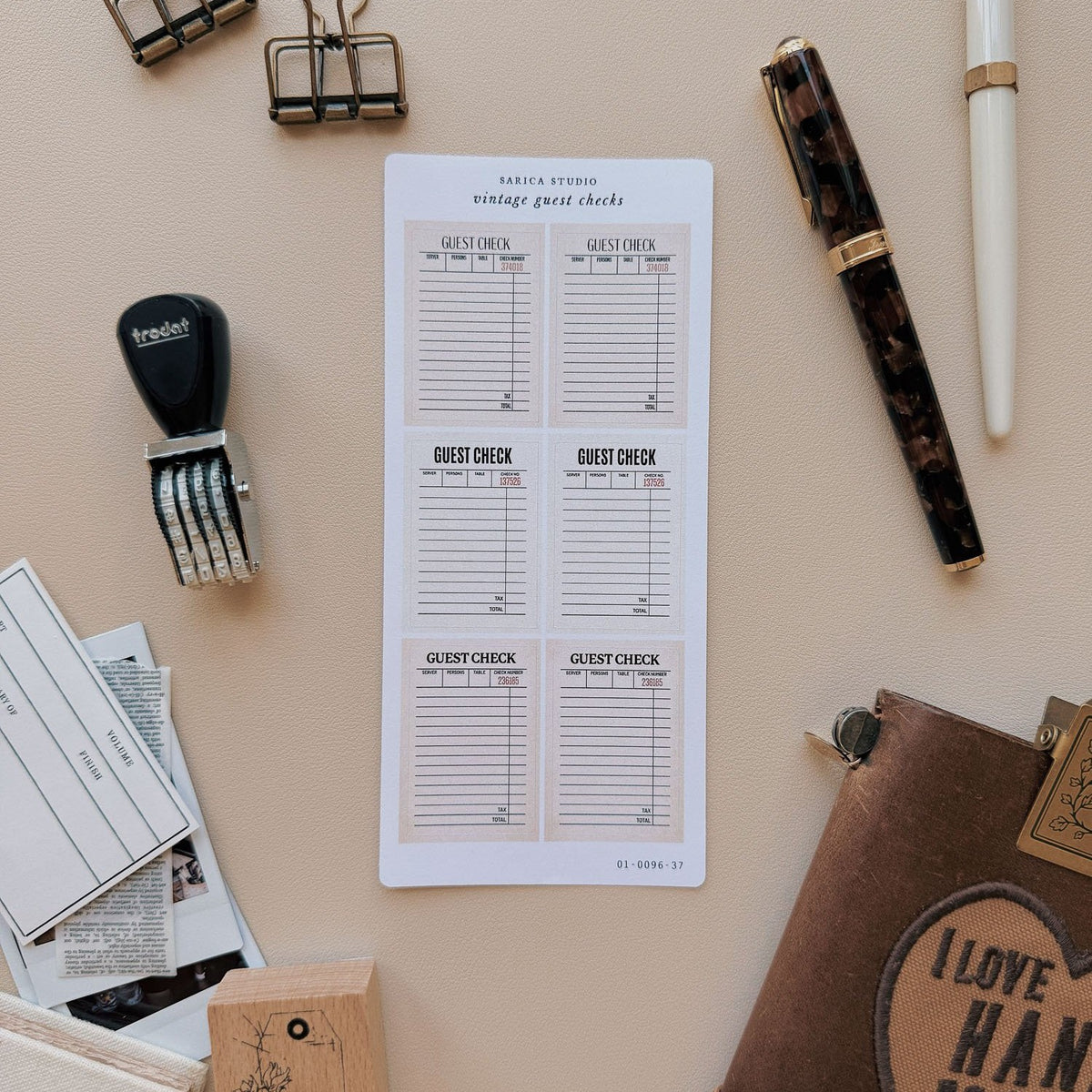 Sarica Studio Vintage Guest Checks stickers, sheet with a date stamp and a fountain pen