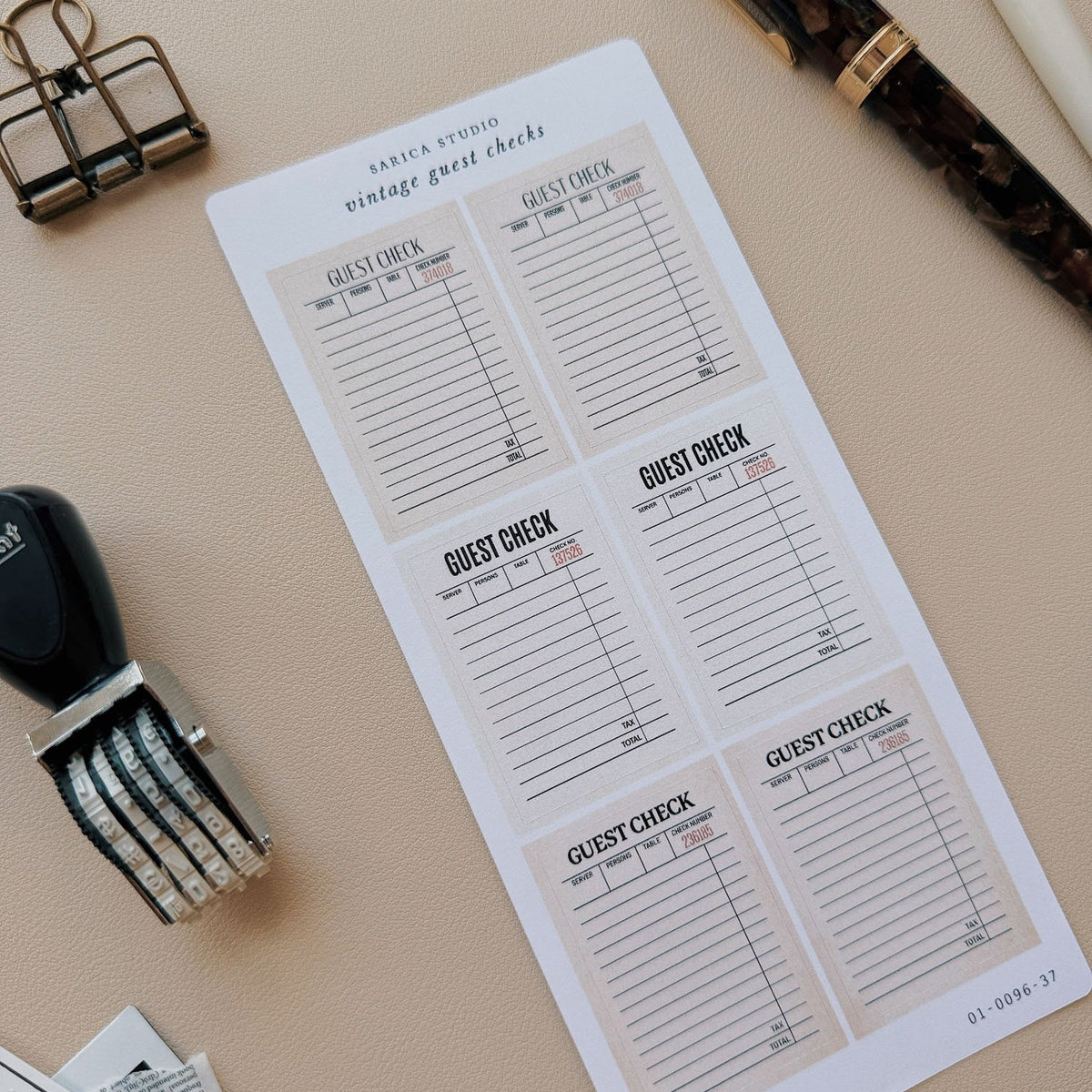 Sarica Studio Vintage Guest Checks stickers, sheet shown at an angle