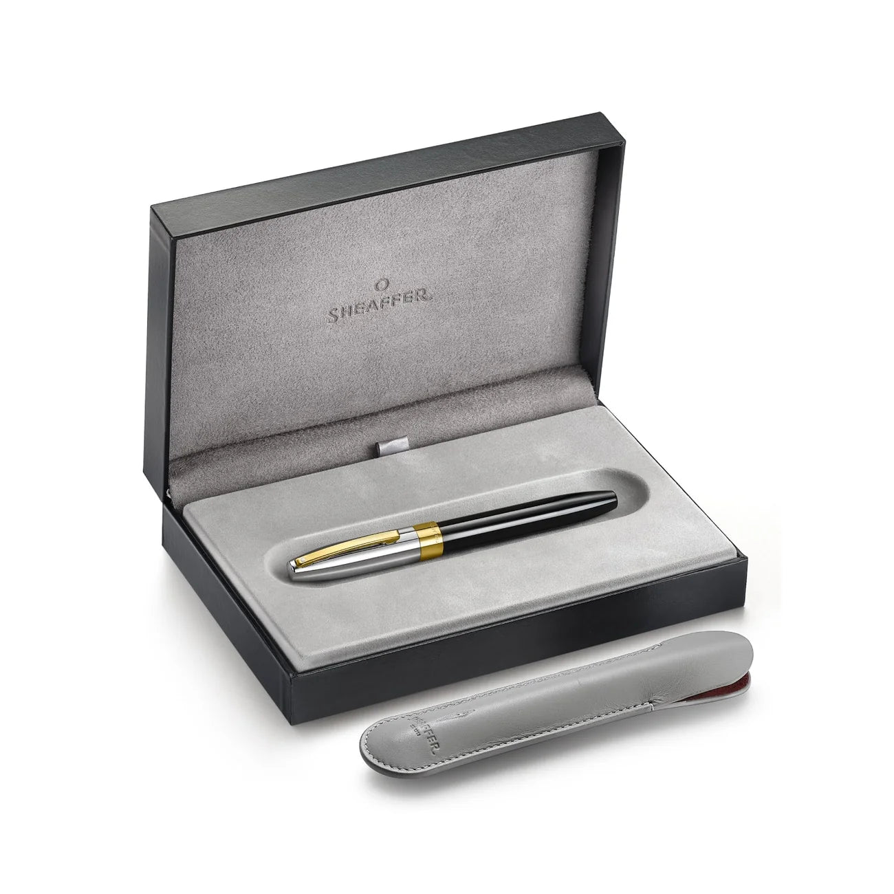 Sheaffer Legacy fountain pen resting in its open Sheaffer gift box with the leather pouch alongside