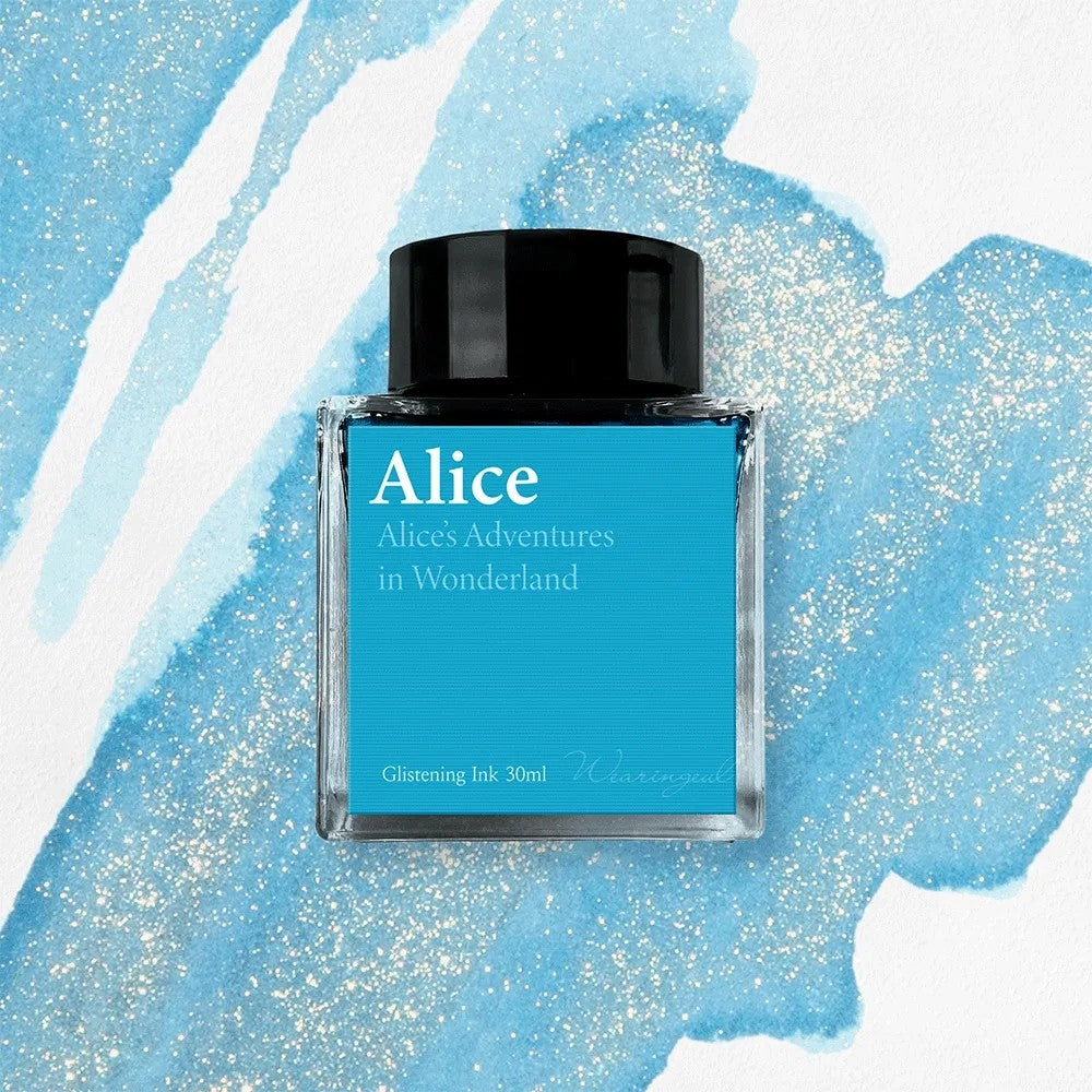 Wearingeul Alice shimmer fountain pen ink, 30ml bottle, on a light sky blue swatch with gold shimmer