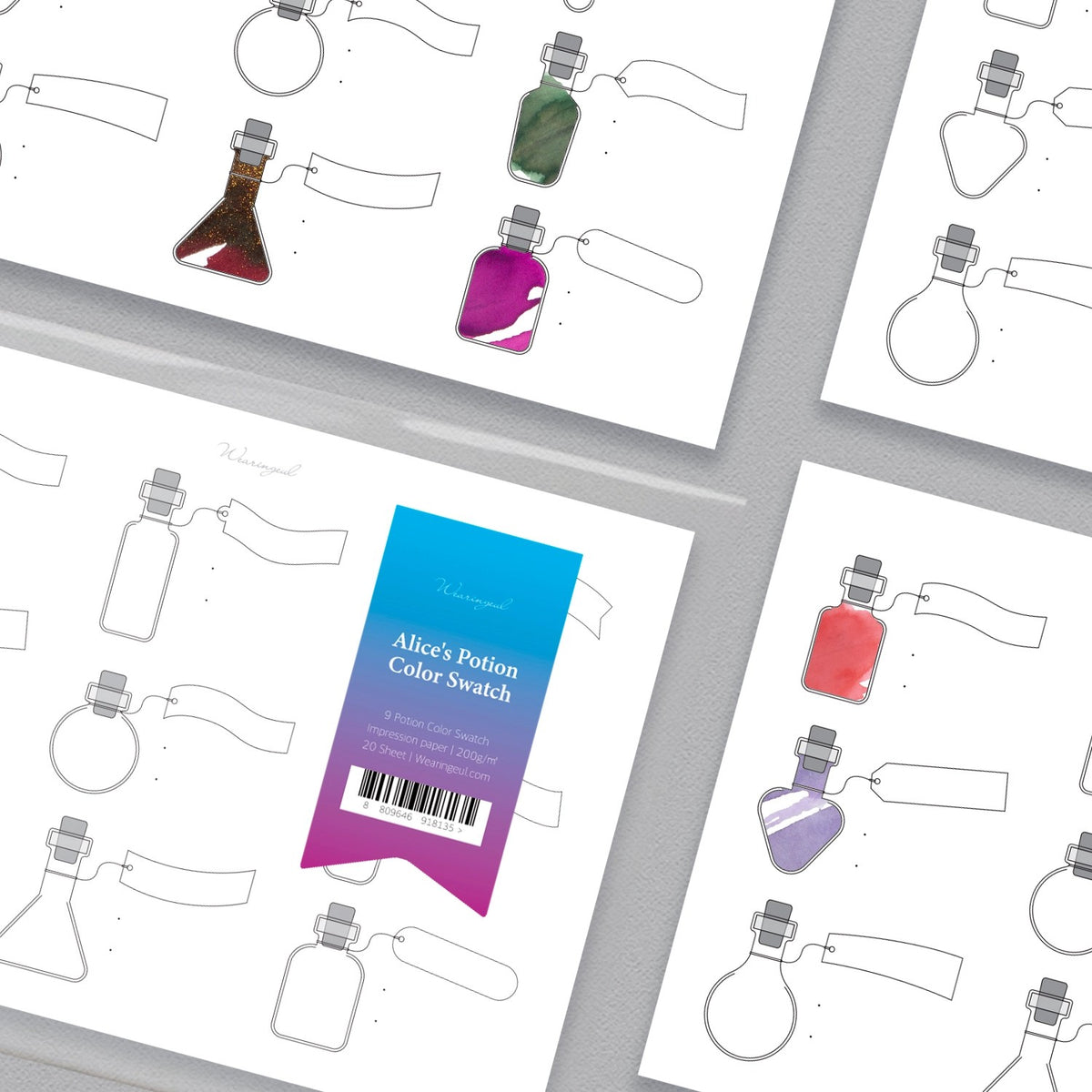 Wearingeul Alice's Potion ink swatch sheets, A5 pages printed with potion bottle outlines, some filled with ink swatches