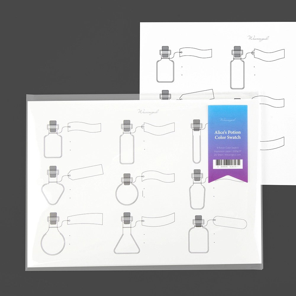 Wearingeul Alice's Potion A5 ink swatch sheets in their package, each page printed with nine potion bottles and blank tags