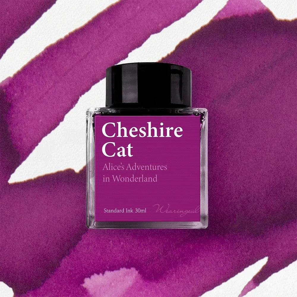 Wearingeul Cheshire Cat fountain pen ink, 30ml bottle, on a red violet swatch