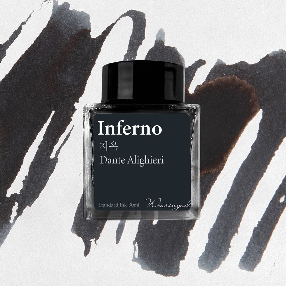 Wearingeul Inferno fountain pen ink, 30ml bottle, on a black swatch