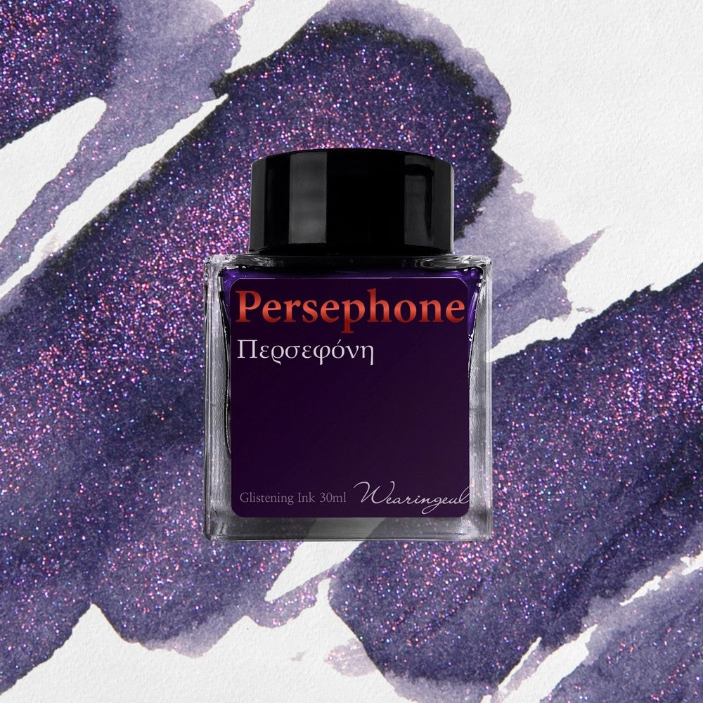 Wearingeul Persephone shimmer fountain pen ink, 30ml bottle, on a dark violet swatch