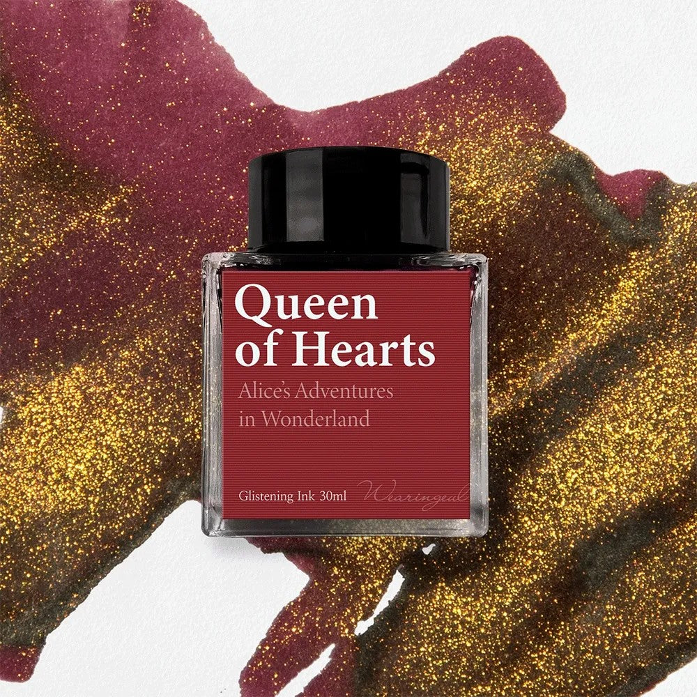 Wearingeul Queen of Hearts shimmer fountain pen ink, 30ml bottle, on a dark red swatch with gold shimmer