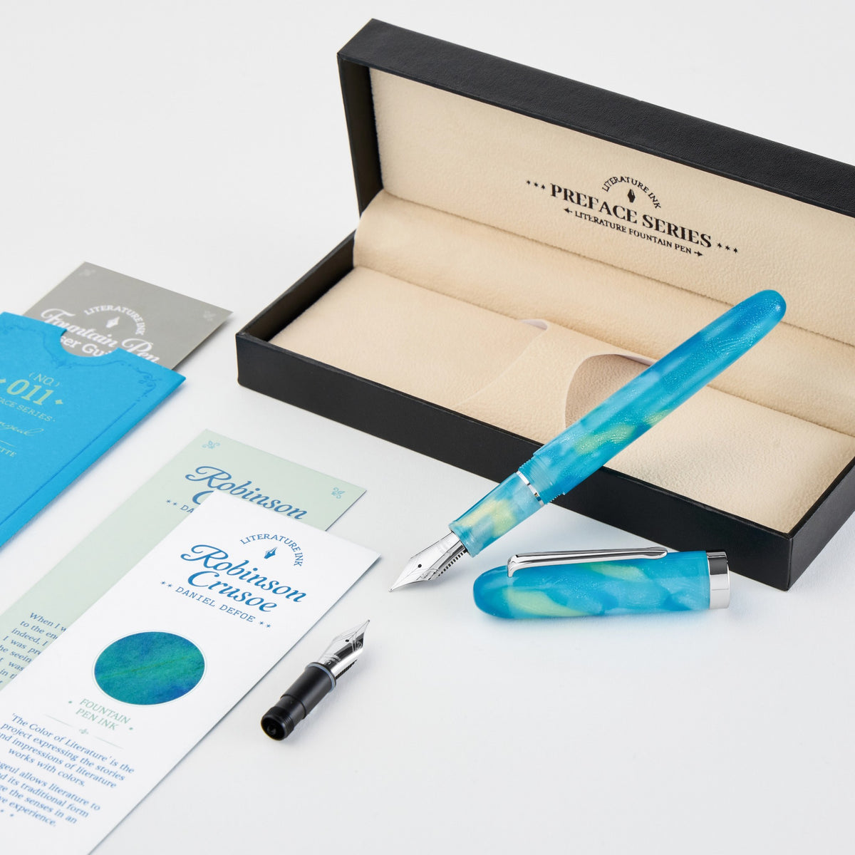 Wearingeul Robinson Crusoe Preface fountain pen in its presentation box with converter, cards and sleeve