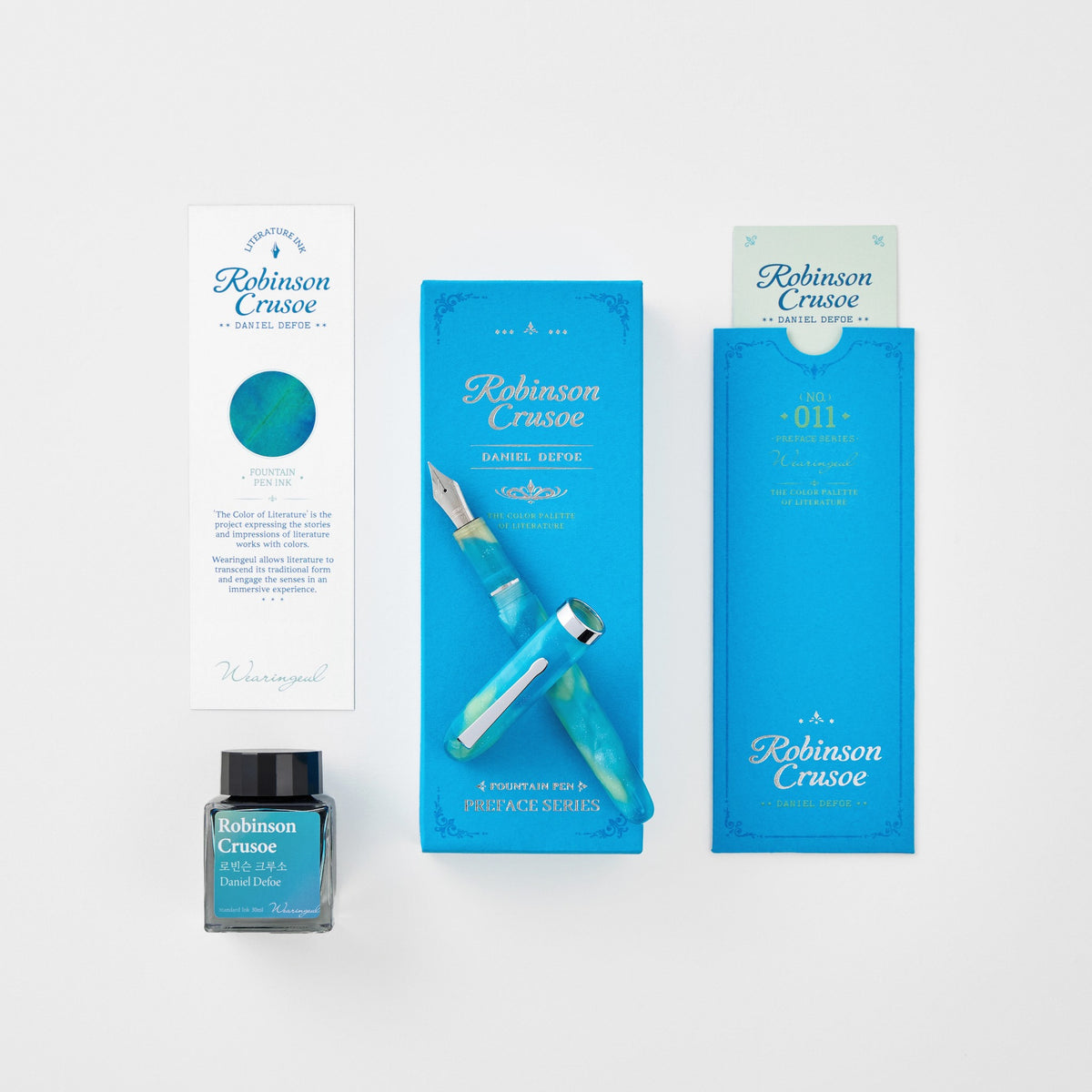 Wearingeul Robinson Crusoe Preface fountain pen with its box, sleeve, literature card and matching ink bottle