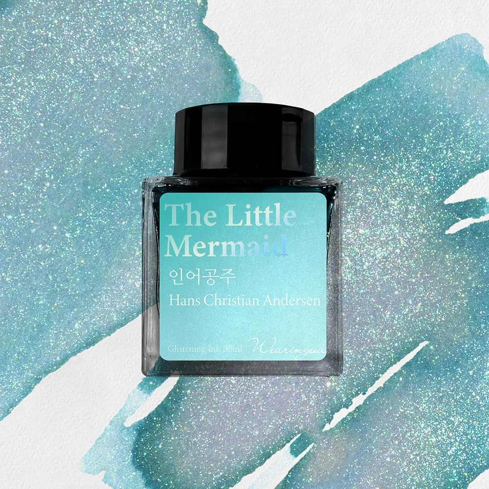 Wearingeul The Little Mermaid shimmer fountain pen ink, 30ml bottle, on an aquamarine swatch with silver shimmer