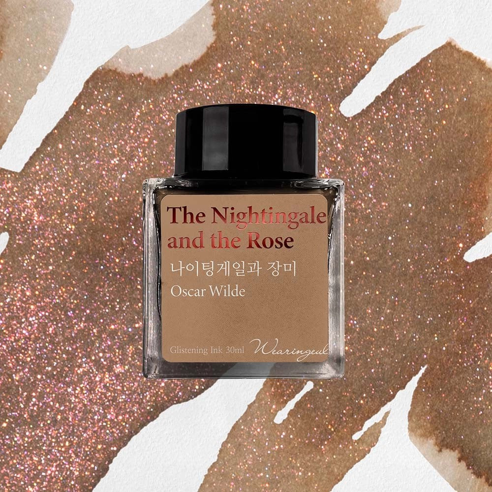 Wearingeul The Nightingale and the Rose shimmer fountain pen ink, 30ml bottle, on a light brown swatch with rose shimmer