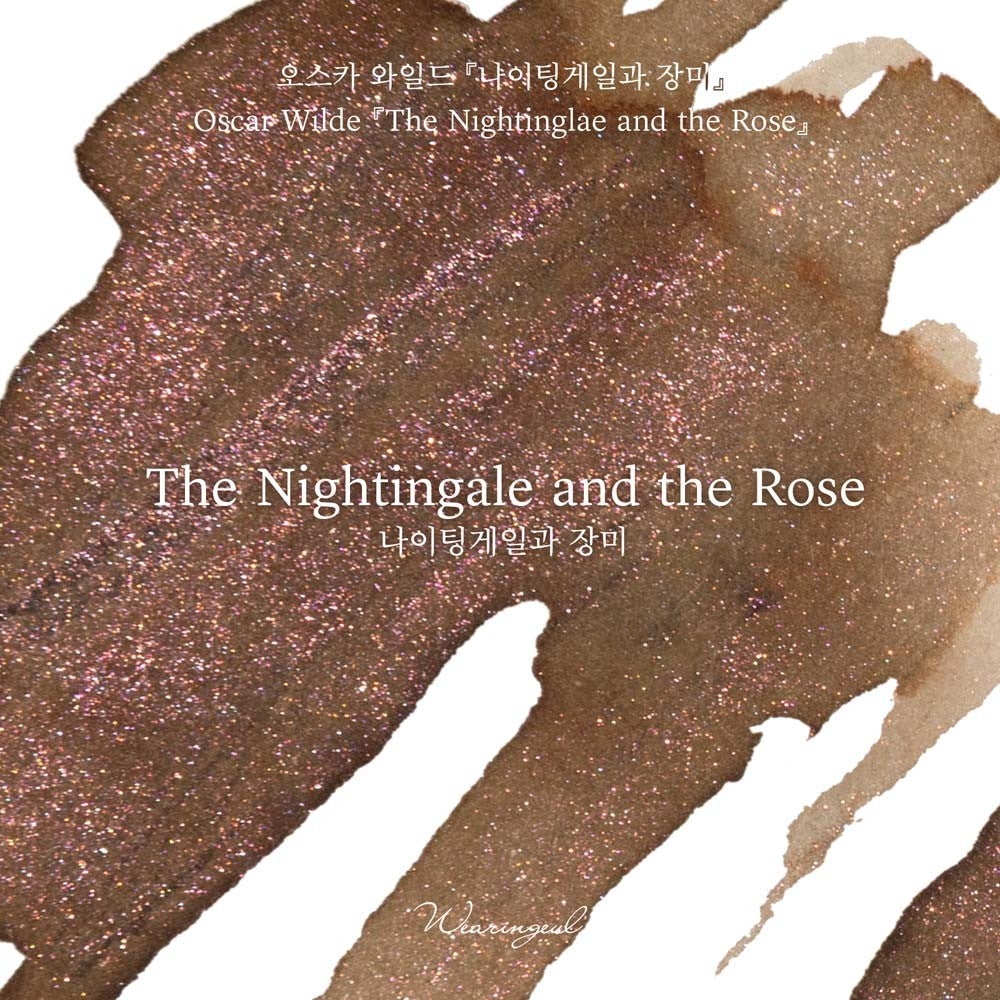 Close-up of Wearingeul The Nightingale and the Rose brown ink with rose red shimmer