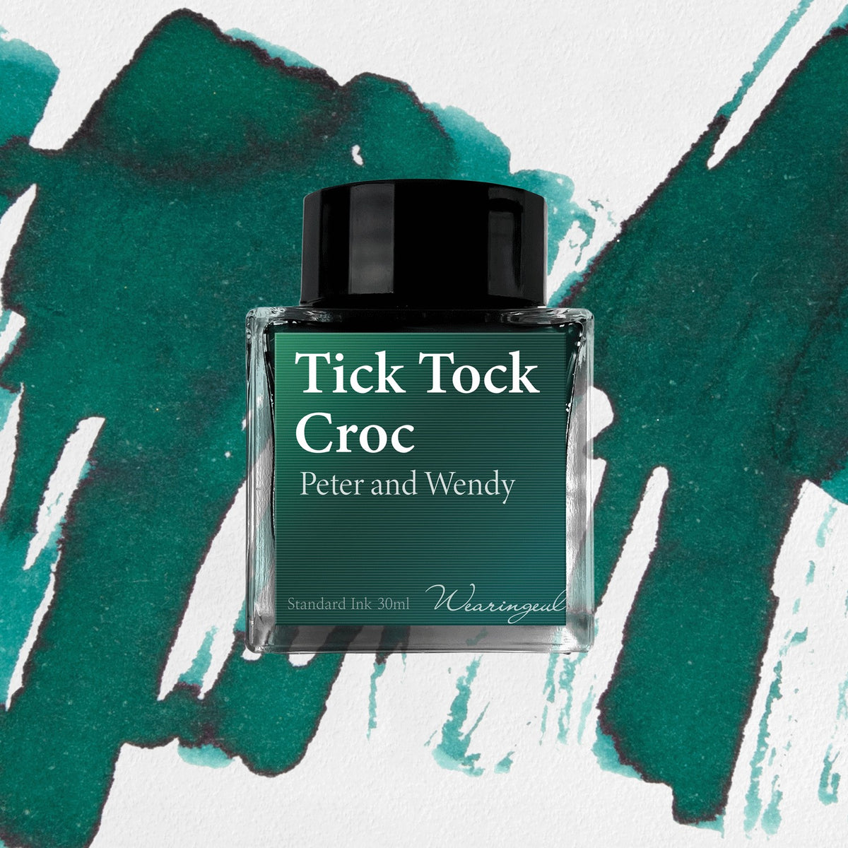 Wearingeul Tick Tock Croc fountain pen ink, 30ml bottle, on a deep teal green swatch