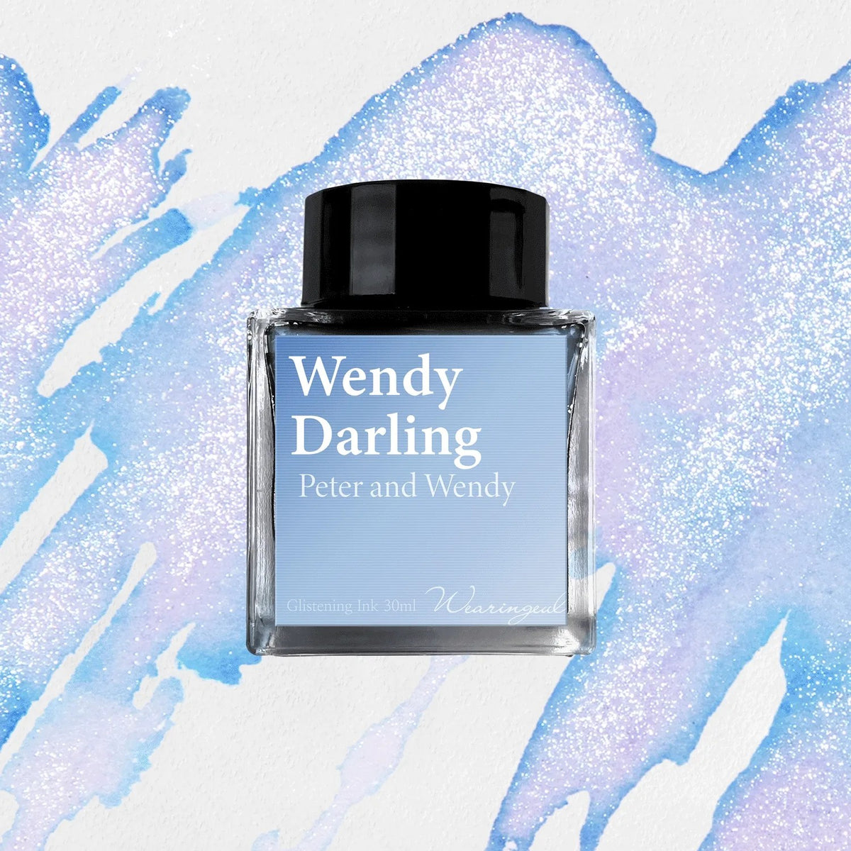 Wearingeul Wendy Darling shimmer fountain pen ink, 30ml bottle, on a light blue swatch with silver shimmer