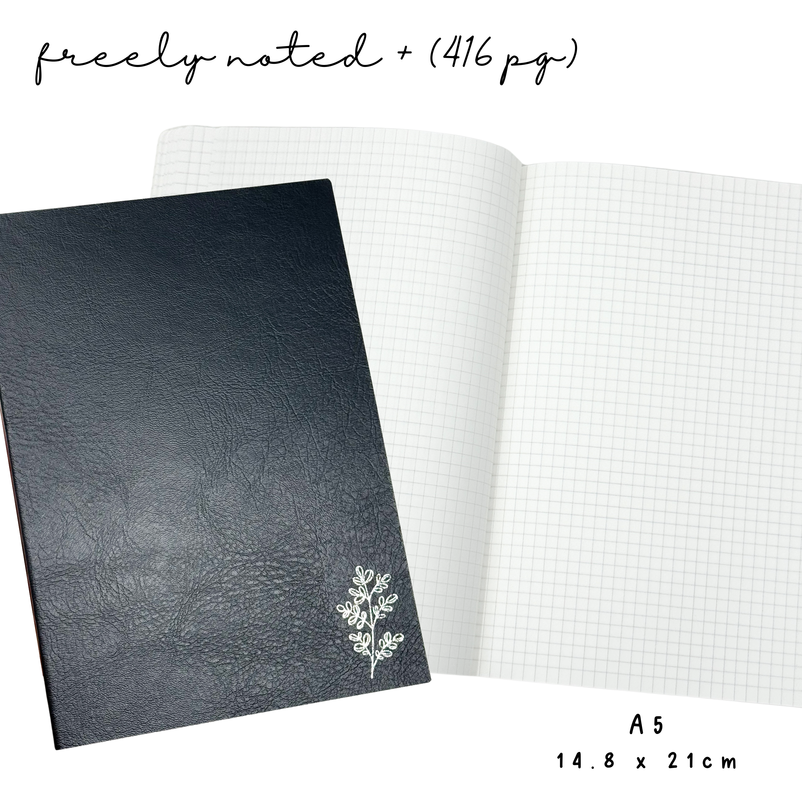 Planner Monkey Co Freely Noted A5 notebook in black shown beside its open grid pages, marked A5 14.8 x 21cm and 416 pages