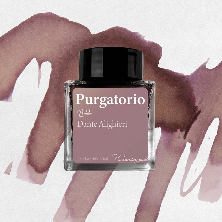 Wearingeul Purgatorio fountain pen ink bottle with pink brown ink swatch background