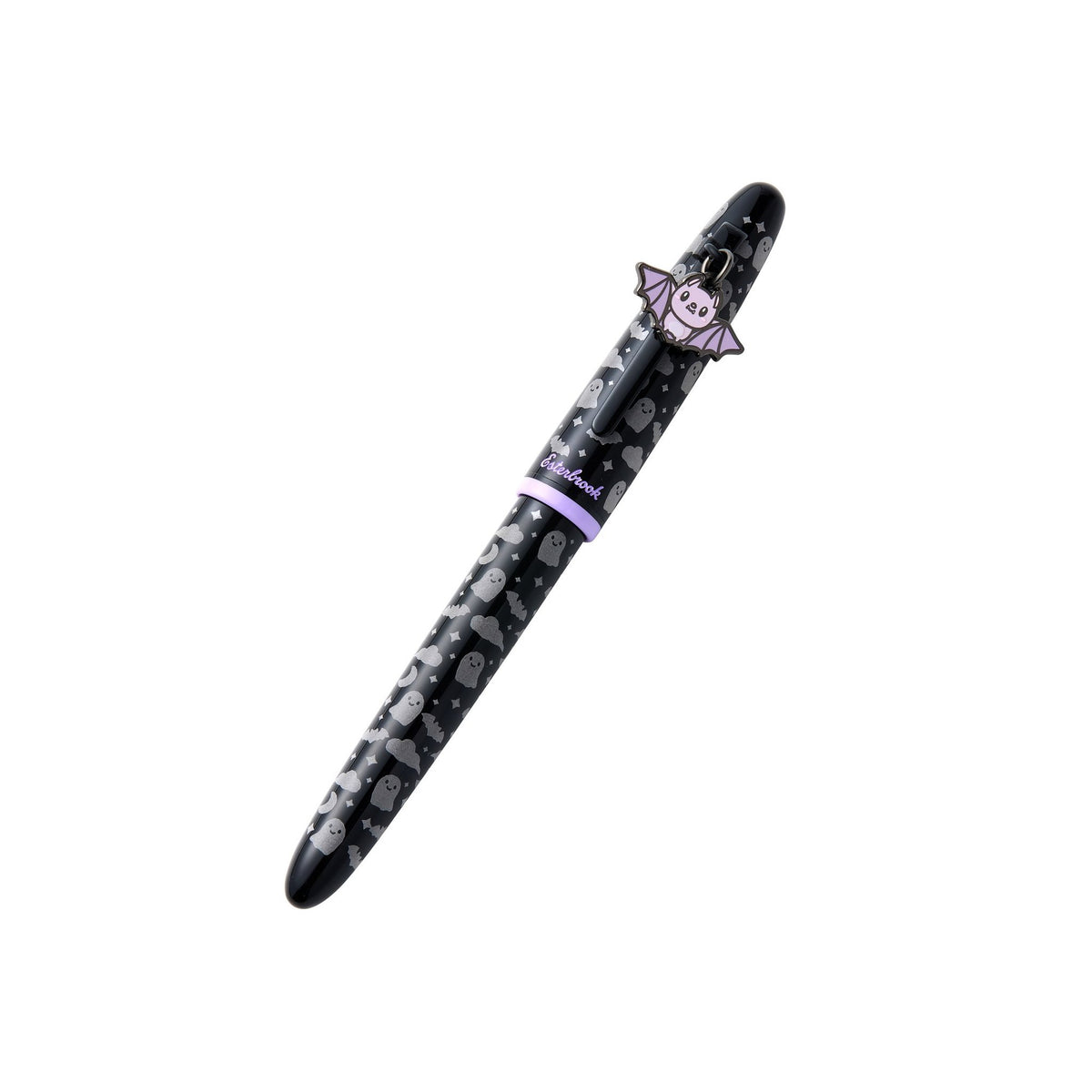 Capped Sweetly Haunted Estie fountain pen with a removable lavender bat charm on the clip