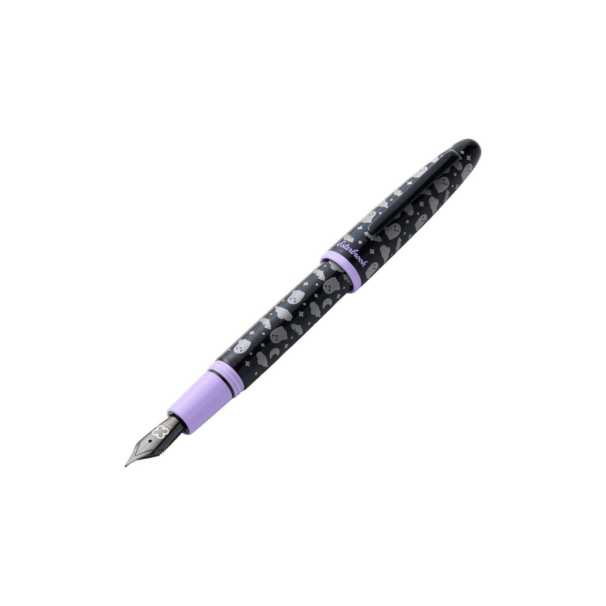 Sweetly Haunted Estie fountain pen with the cap posted, showing the black nib and lavender grip section