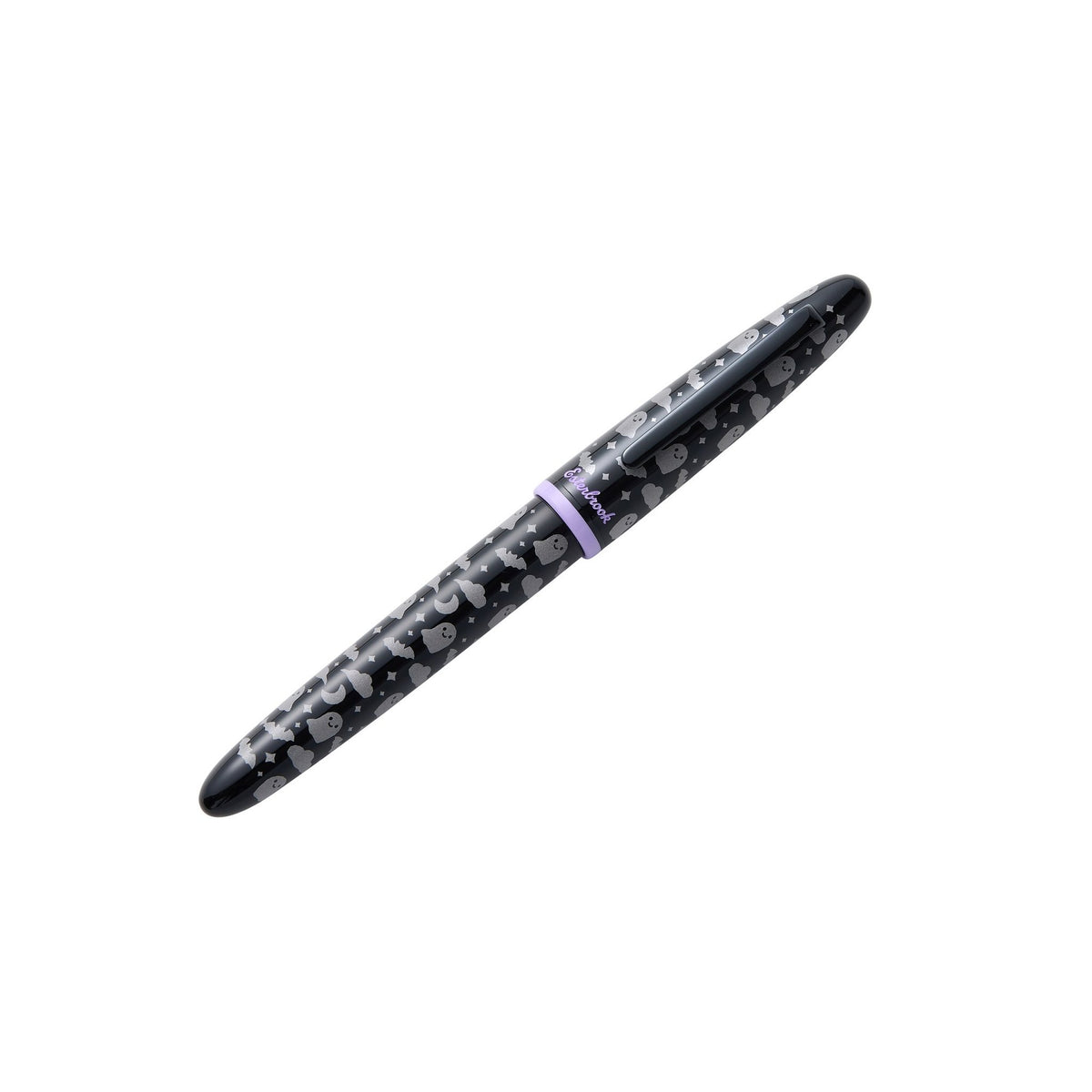 Capped Sweetly Haunted Estie fountain pen, black with gray ghost and bat pattern and a lavender band
