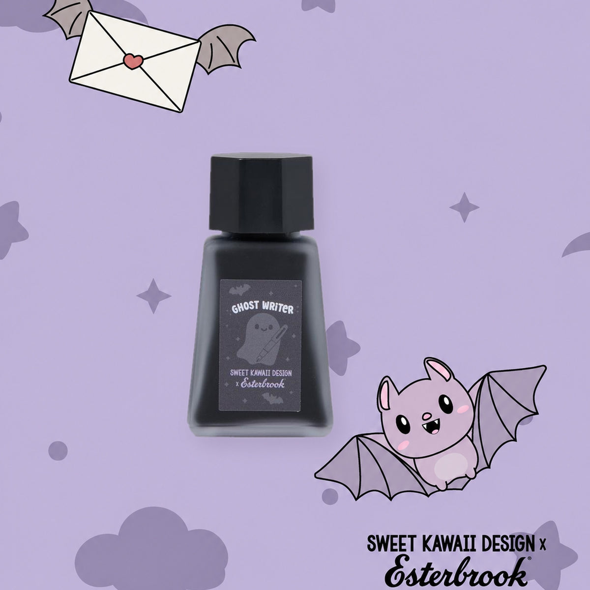 Esterbrook x Sweet Kawaii Design Ghost Writer purple shimmer fountain pen ink bottle on a purple Pastel Halloween bat background