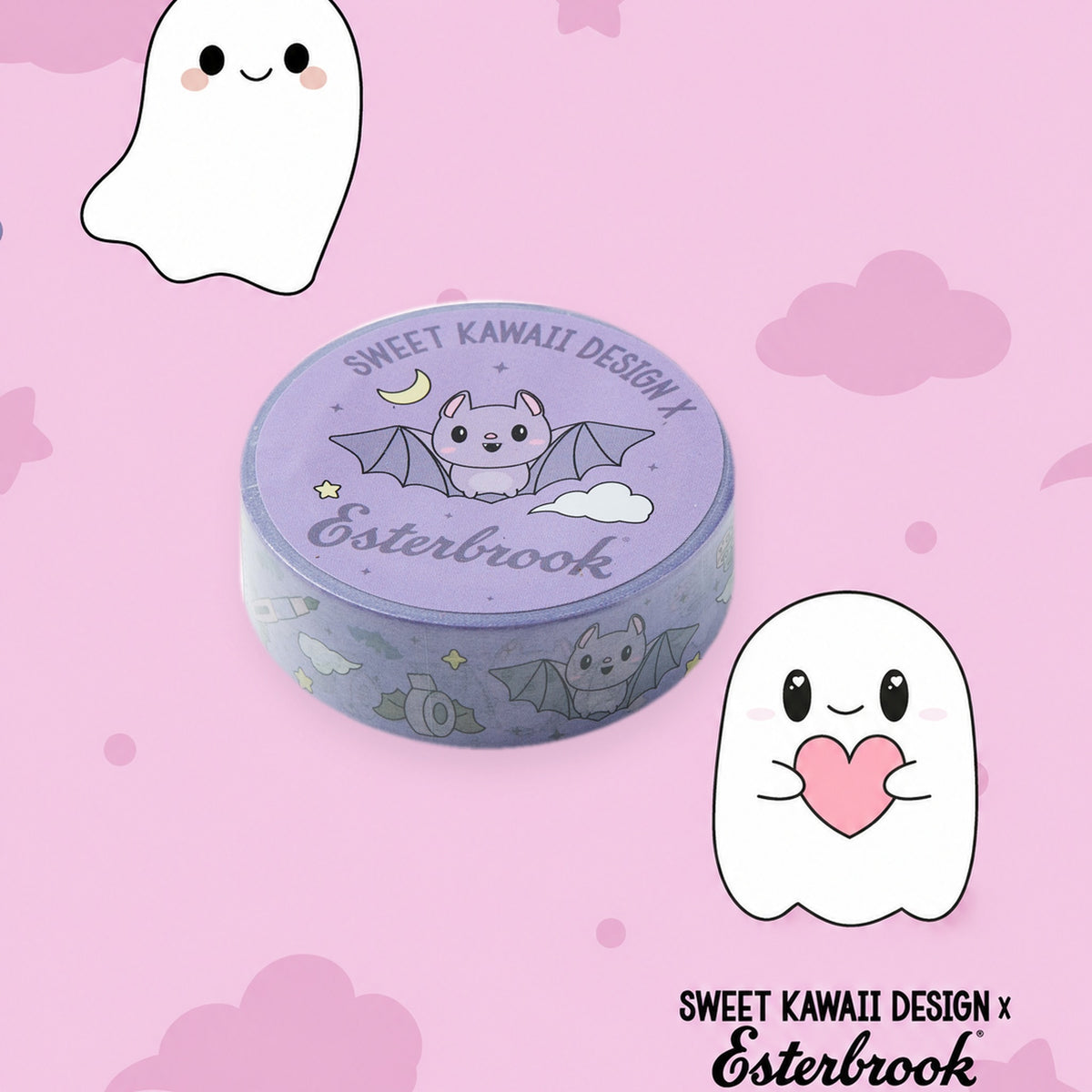 Esterbrook x Sweet Kawaii Design Simply Batty purple bats washi tape on a pink Pastel Halloween ghost background