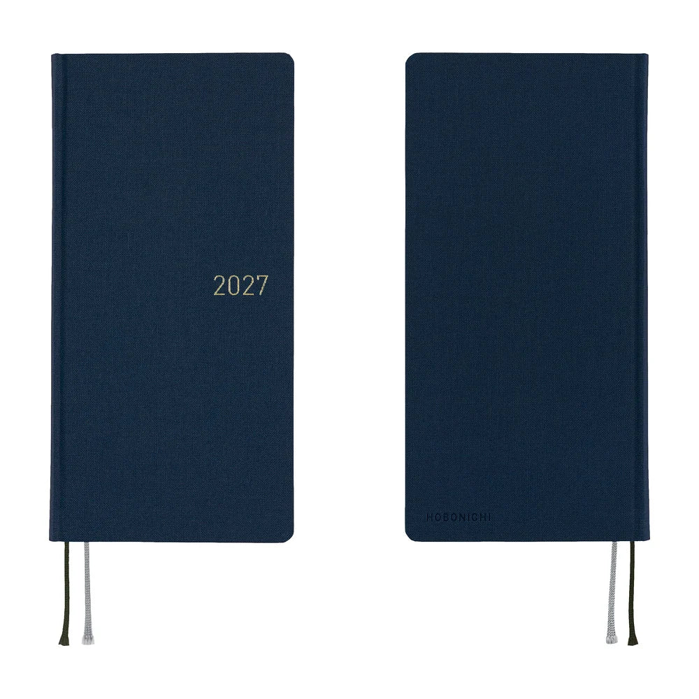 Hobonichi Techo 2027 Weeks planner, Colors Midnight Blue — front and back covers side by side in deep navy, with grey and dark green ribbon markers