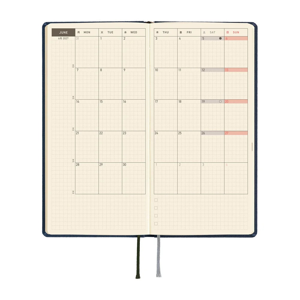 Hobonichi Techo 2027 Weeks planner interior — monthly calendar spread for June 2027, Monday start, gridded date boxes on cream paper