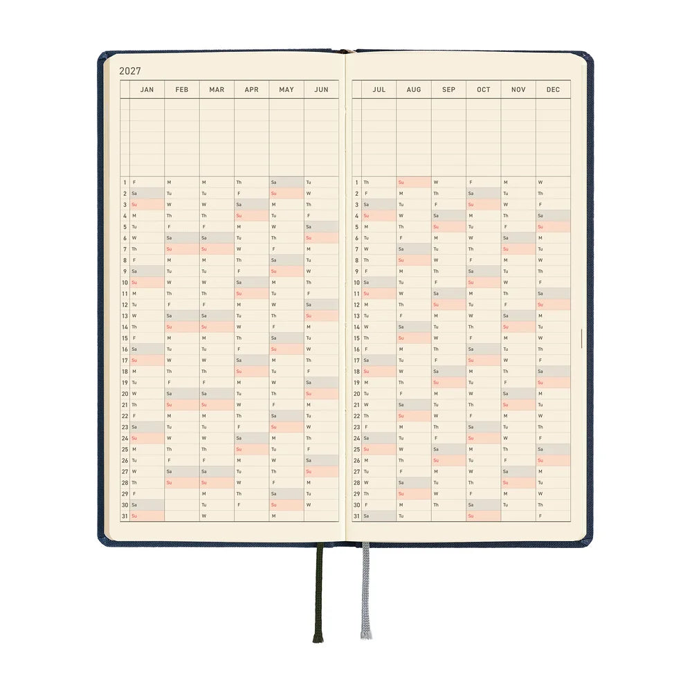 Hobonichi Techo 2027 Weeks planner interior — the 2027 yearly index spread, January through December, on cream Tomoe River paper
