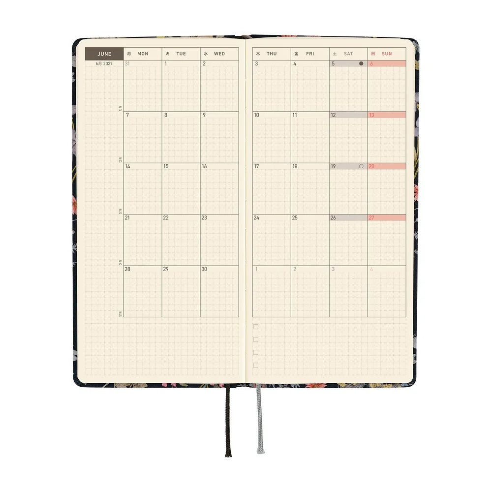 Hobonichi Techo 2027 Weeks planner interior — monthly calendar spread, Monday start, gridded date boxes on cream paper
