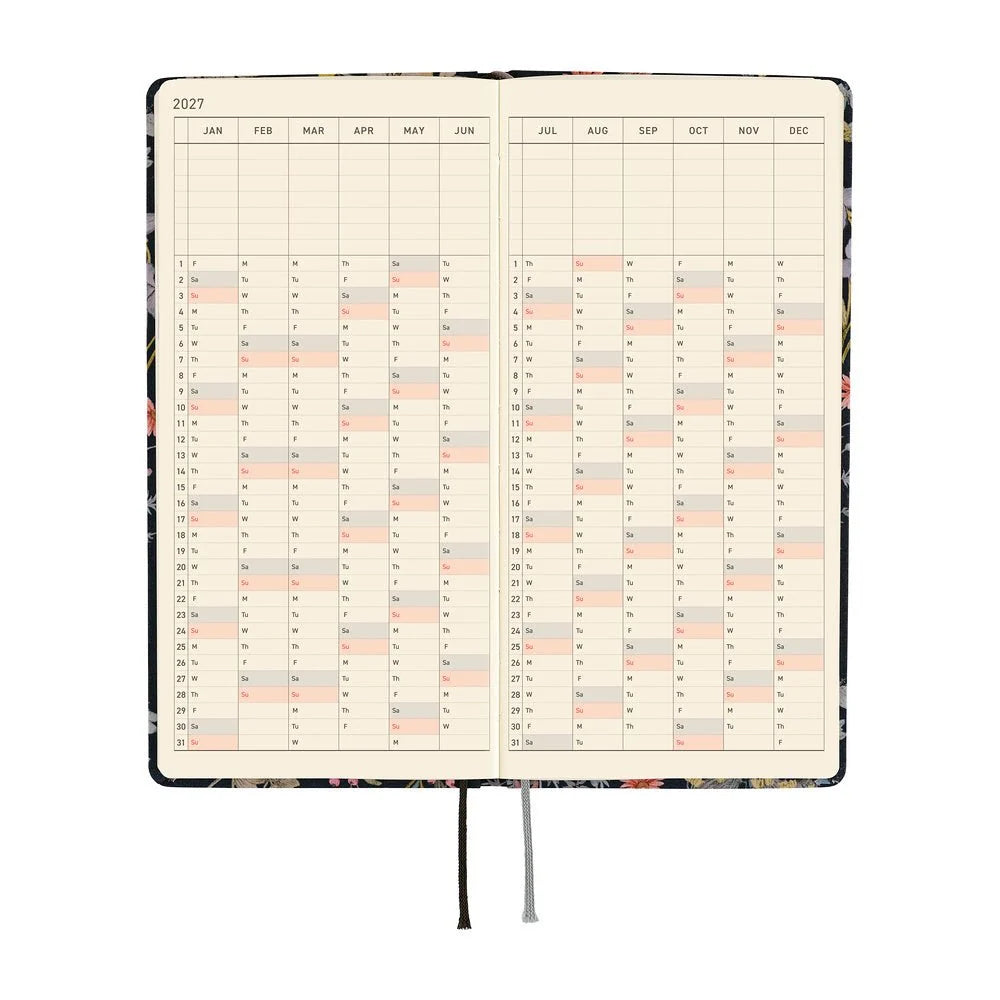 Hobonichi Techo 2027 Weeks planner interior — the 2027 yearly index spread, January through December, on cream Tomoe River paper