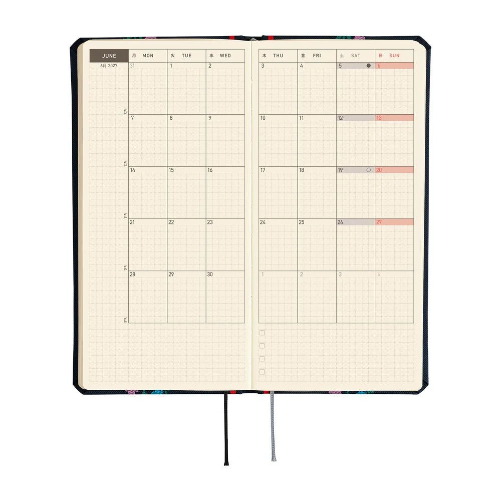 Hobonichi Techo 2027 Weeks planner interior — monthly calendar spread, Monday start, gridded date boxes on cream paper