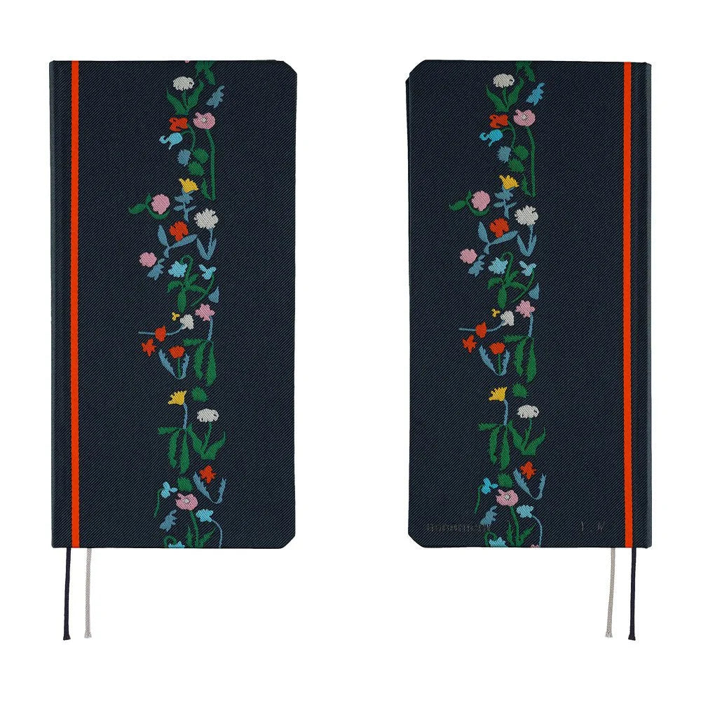 Hobonichi Techo 2027 Weeks planner, Yoshie Watanabe Petit Bloom — front and back covers side by side in navy woven fabric with multicolor flowers