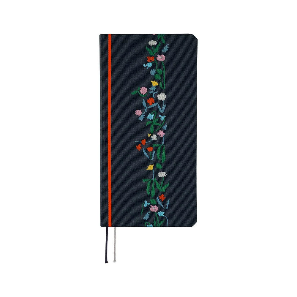 Hobonichi Techo 2027 Weeks planner, Yoshie Watanabe Petit Bloom — navy fabric front cover woven with small multicolor flowers and a single red line
