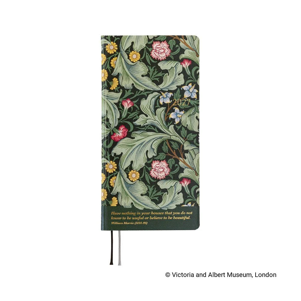 Hobonichi Techo 2027 Weeks planner, V&A Series Leicester — dark green front cover printed with John Henry Dearle's 1912 Leicester wallpaper pattern