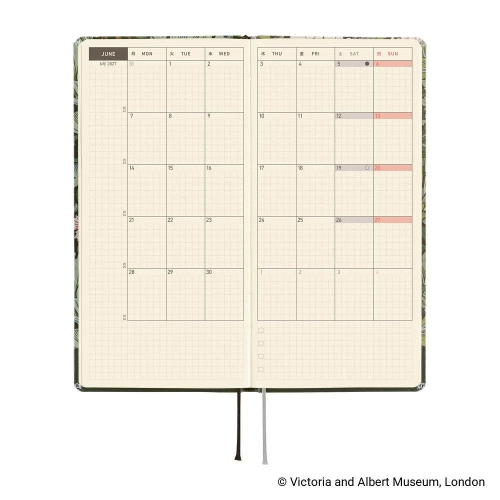 Hobonichi Techo 2027 Weeks planner interior — monthly calendar spread, Monday start, gridded date boxes on cream paper