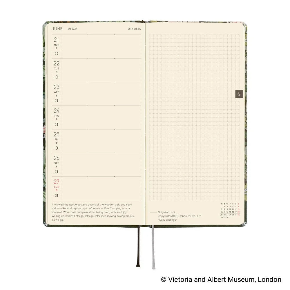 Hobonichi Techo 2027 Weeks planner interior — weekly spread with the seven dated days down the left page and a full 3.55 mm grid page on the right