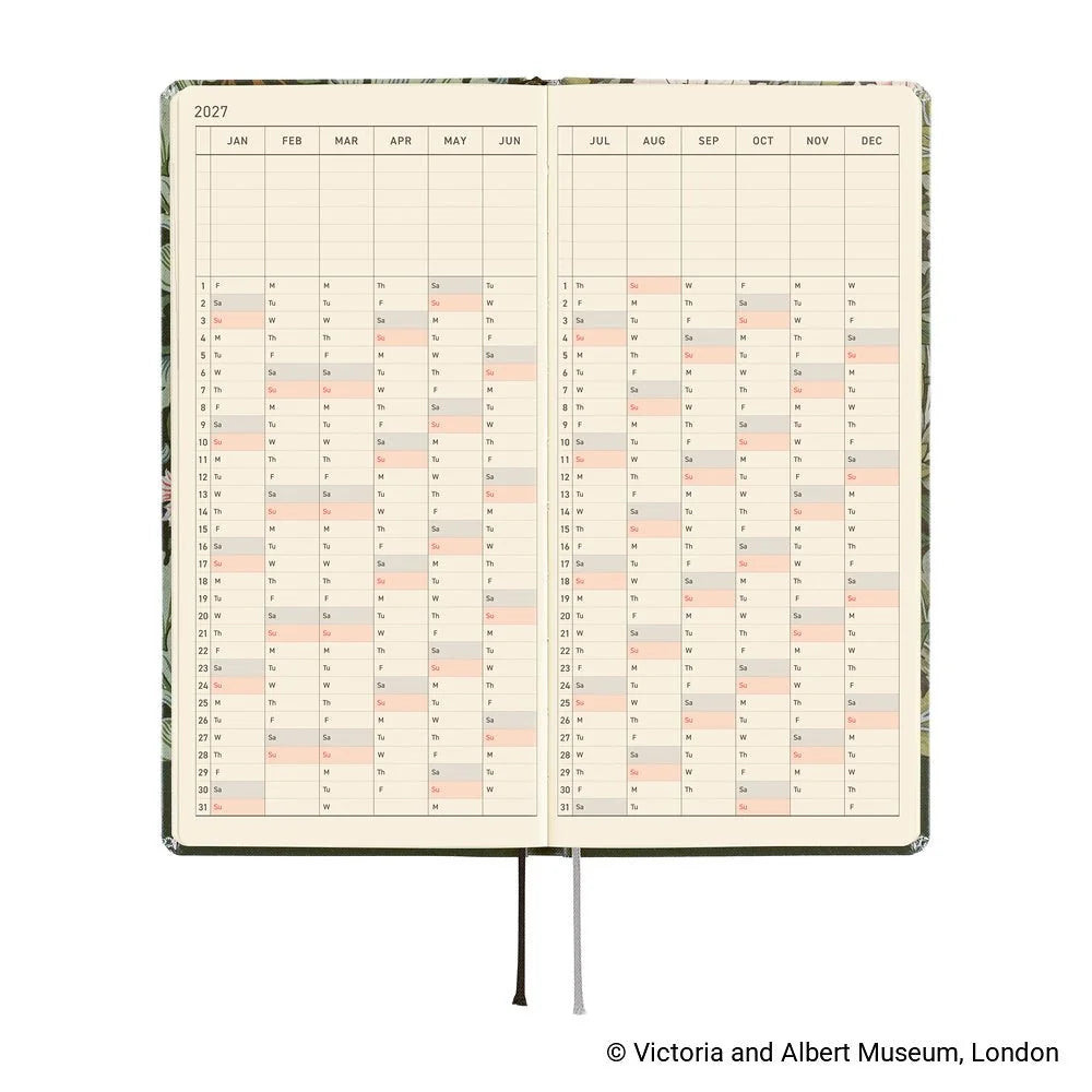 Hobonichi Techo 2027 Weeks planner interior — the 2027 yearly index spread, January through December, on cream Tomoe River paper
