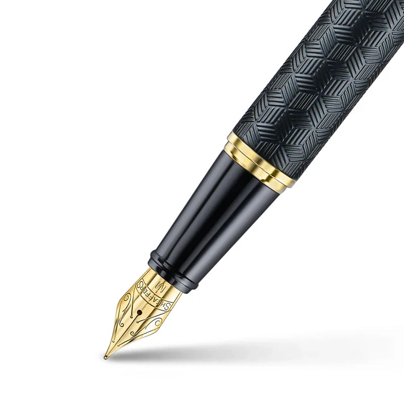 Sheaffer 300 Engraved Matte Black fountain pen with chrome cap and gold trim