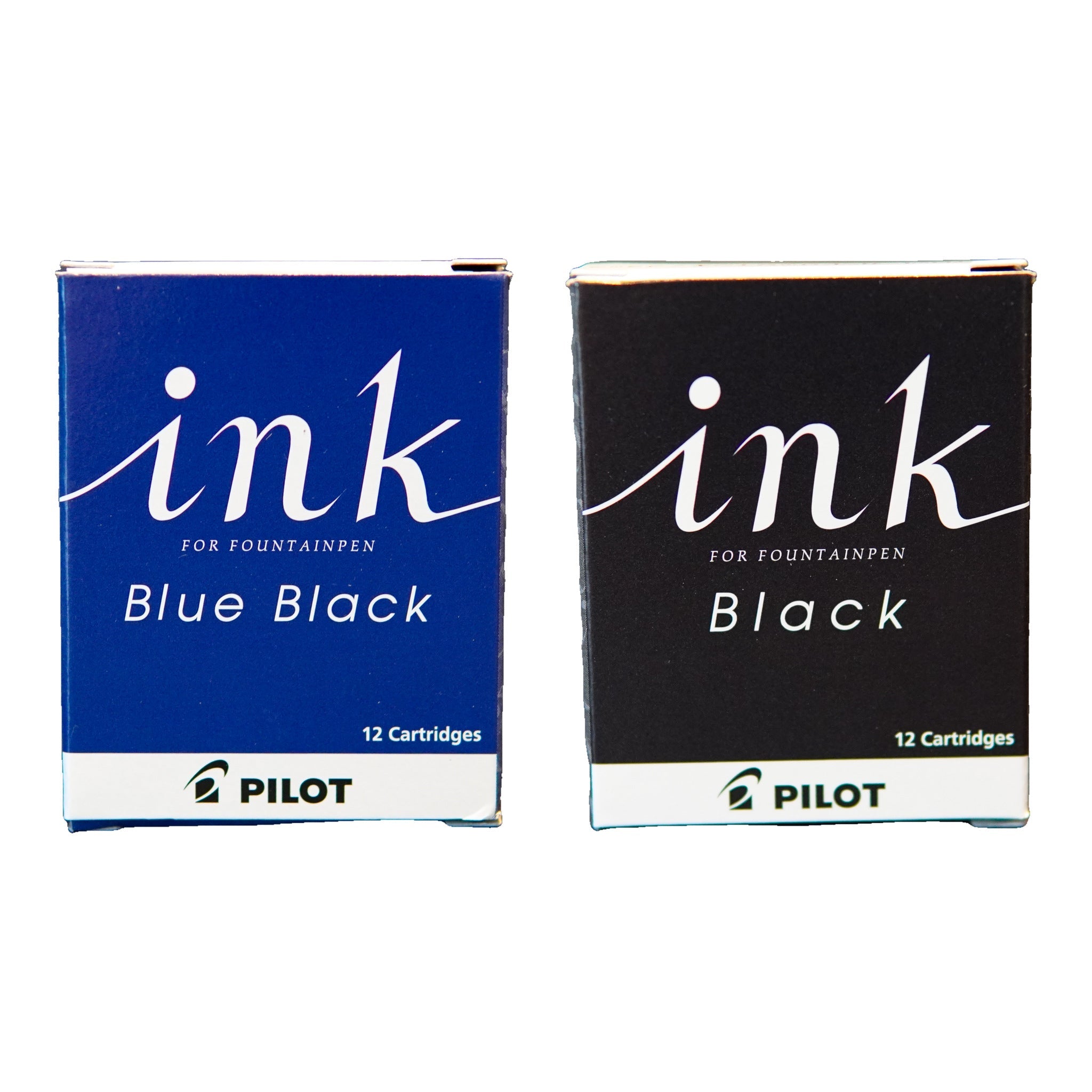 Pilot fountain pen ink cartridges in Black and Blue Black, 12 cartridge boxes