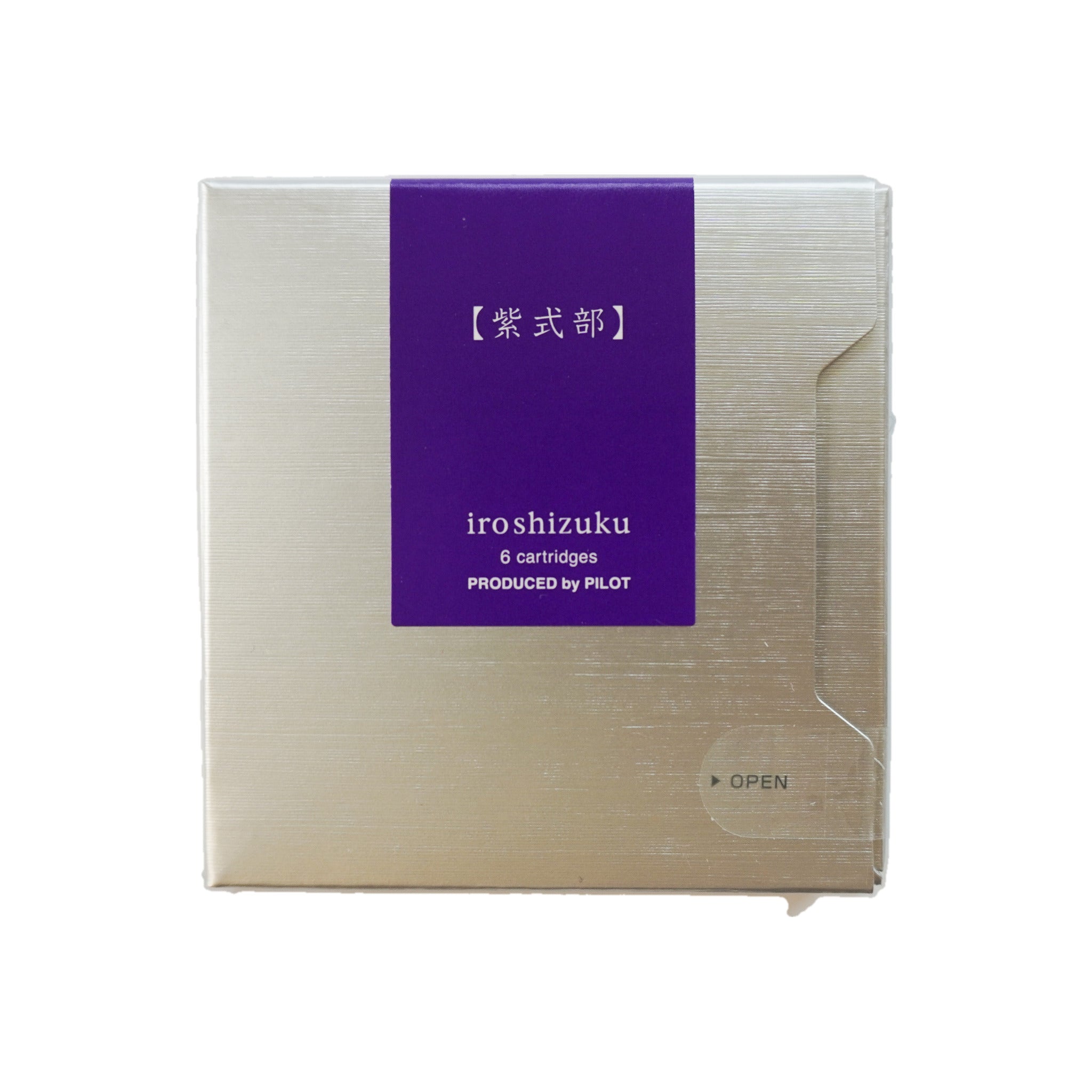 Closed box of Pilot Iroshizuku murasaki-shikibu violet fountain pen ink cartridges