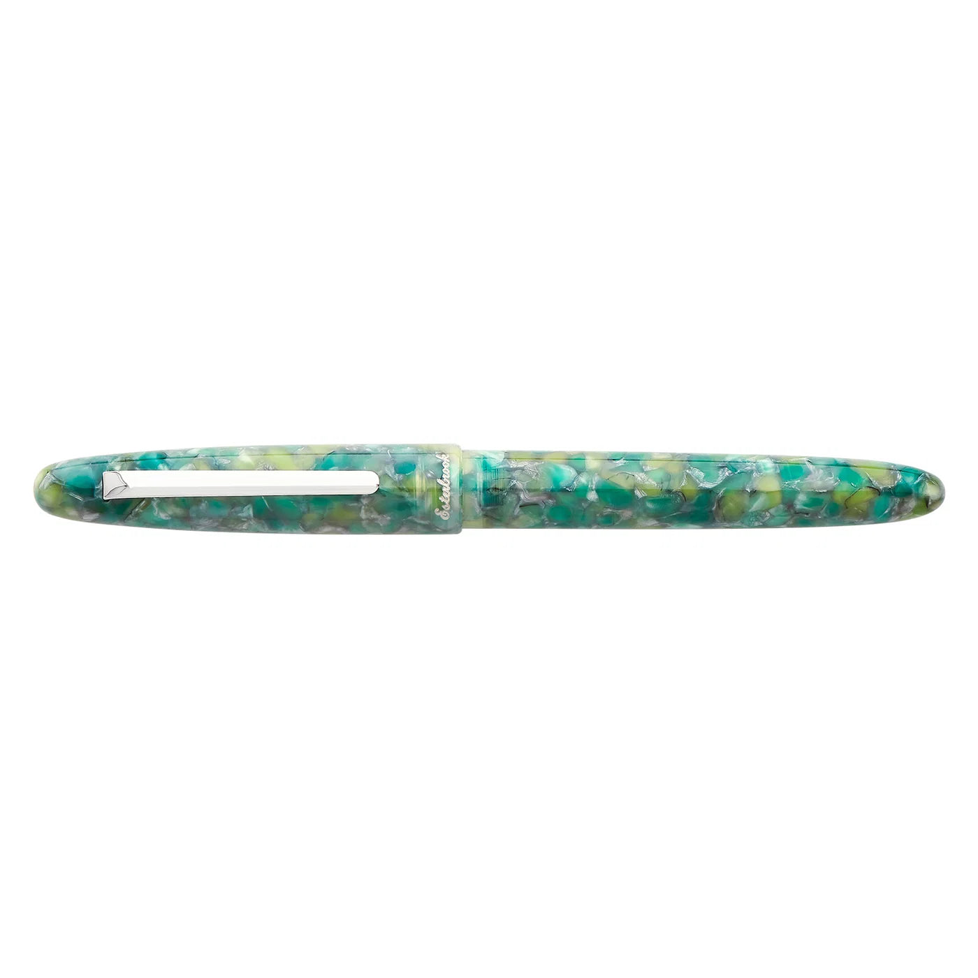 Esterbrook Estie Sea Glass fountain pen with palladium trim, blue-green seafoam marbled acrylic, capped