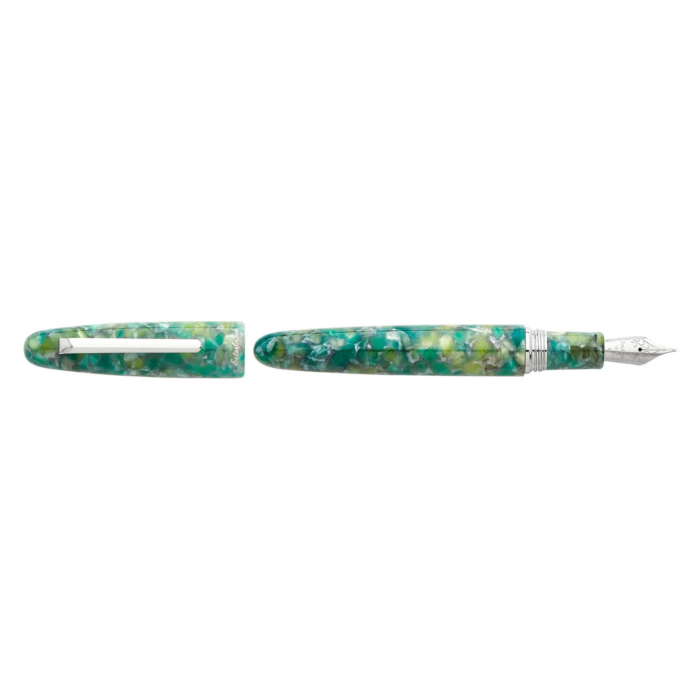 Esterbrook Estie Sea Glass fountain pen with palladium trim, blue-green seafoam marbled acrylic, uncapped